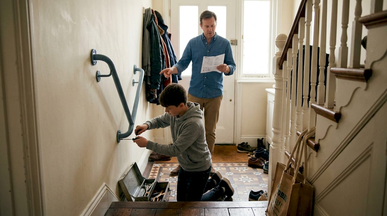 Family installing grab rail in home hallway