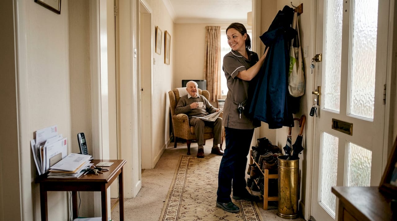 Home carer arriving, greeted by older man