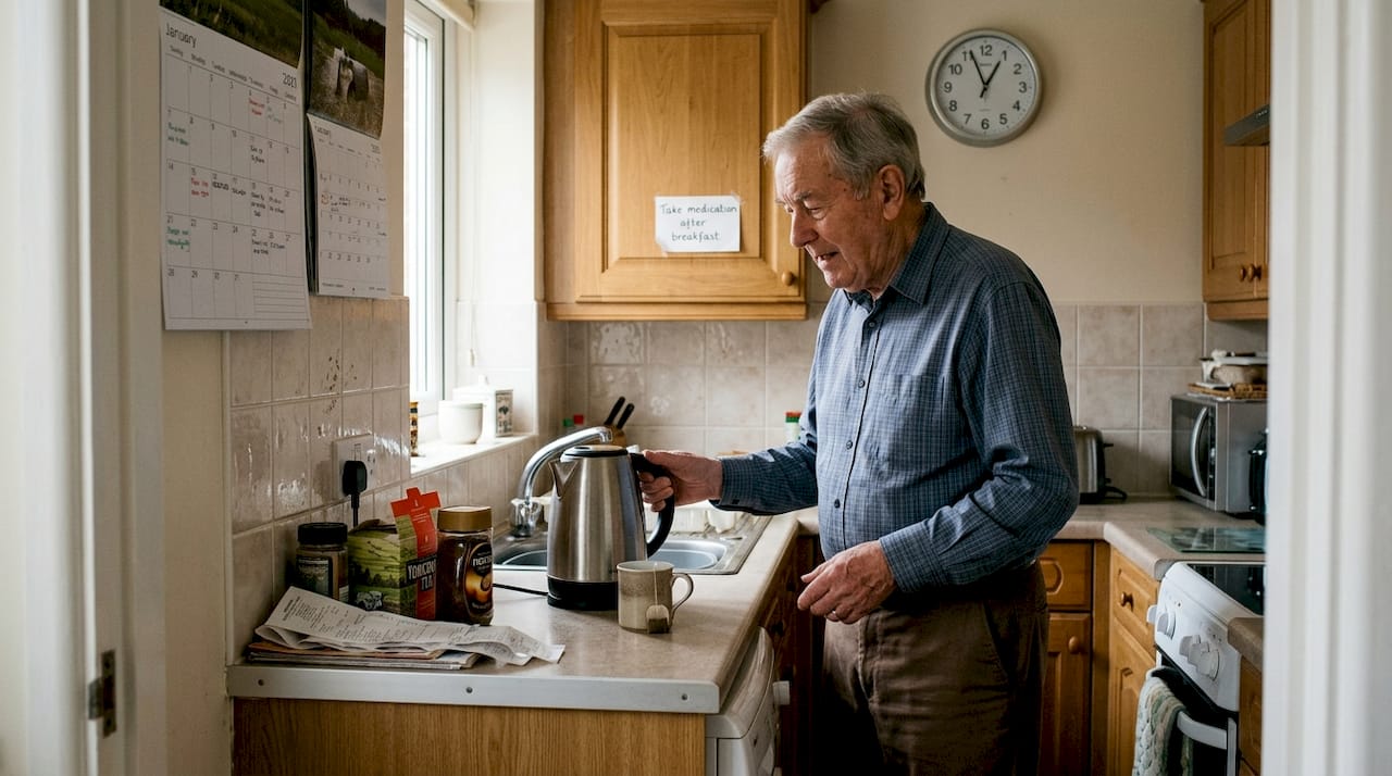 Elderly man confused in home kitchen