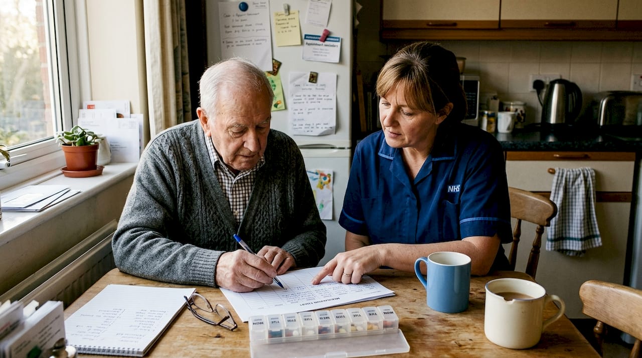 Nurse helping elderly man at kitchen table
