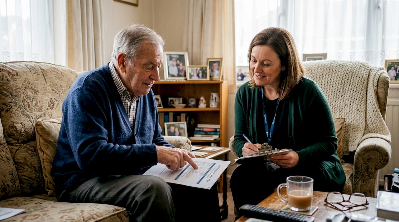 Elderly client and staff planning home care