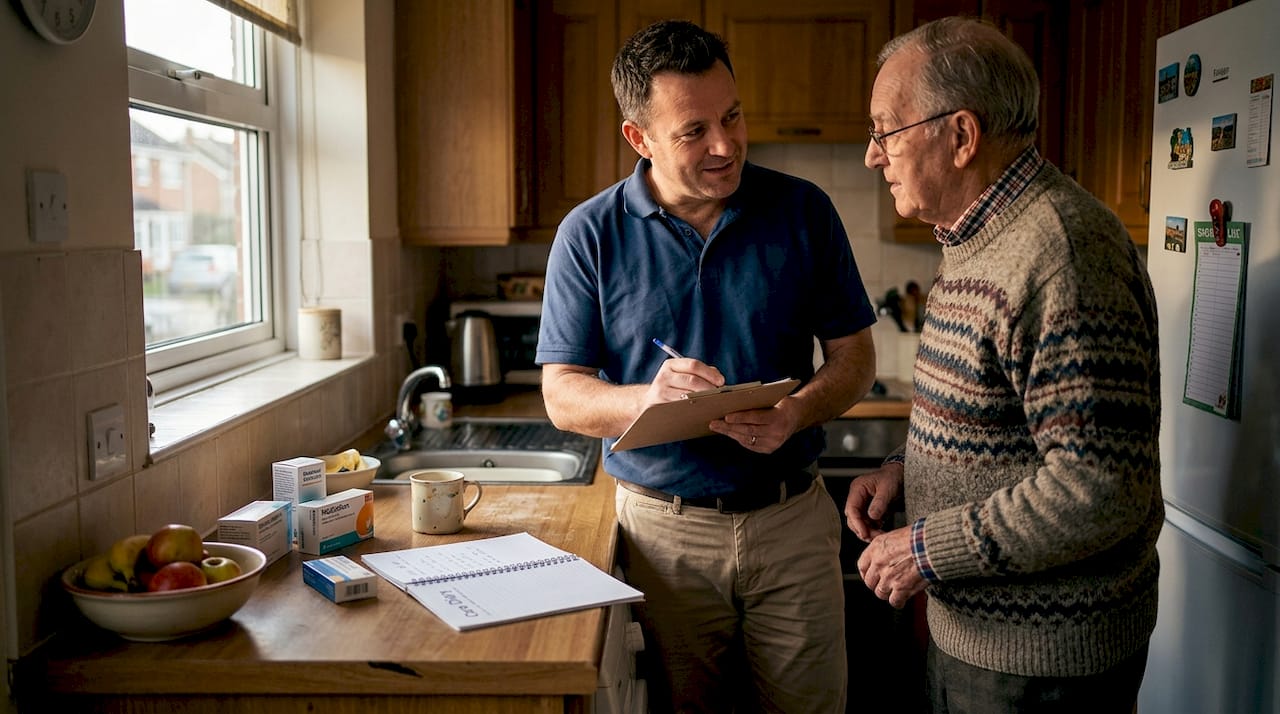 Home carer updating care plan in kitchen