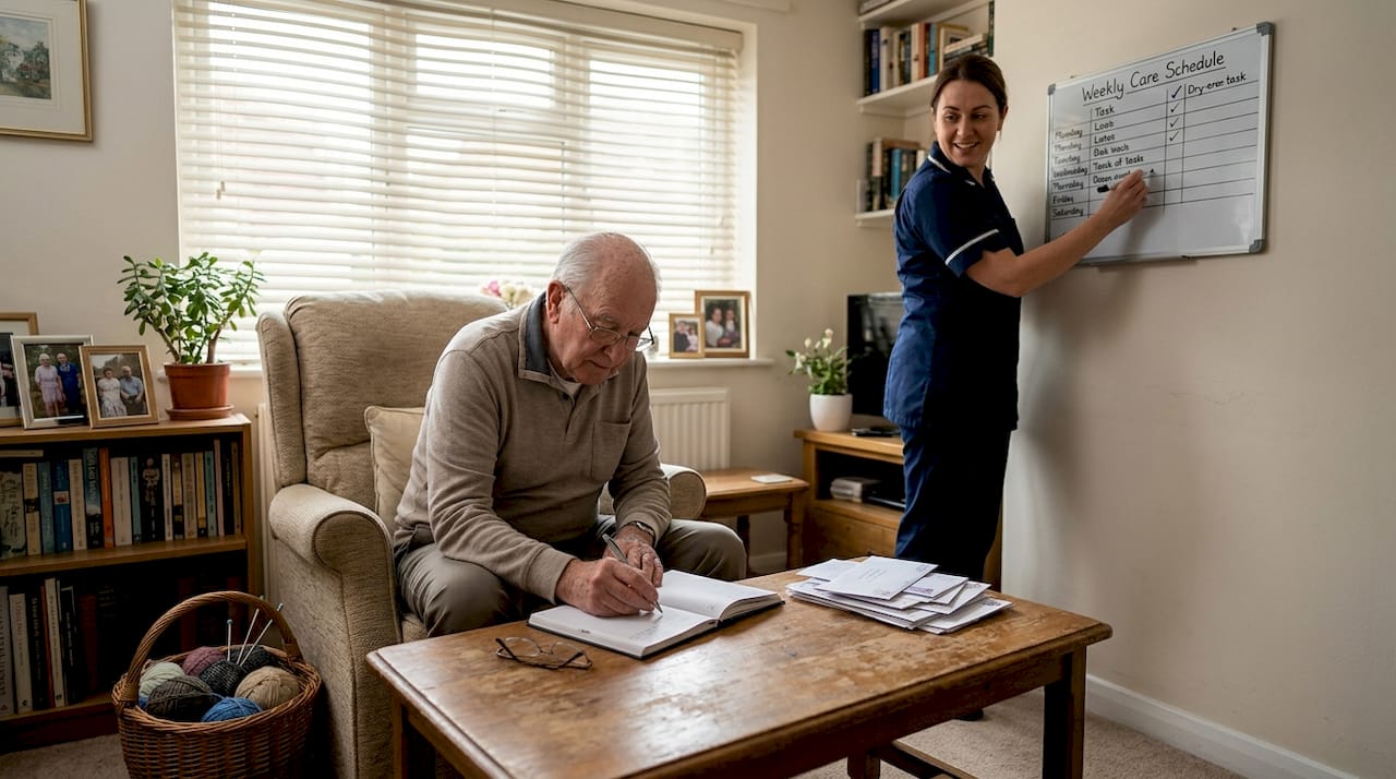 Man updates diary with home carer nearby