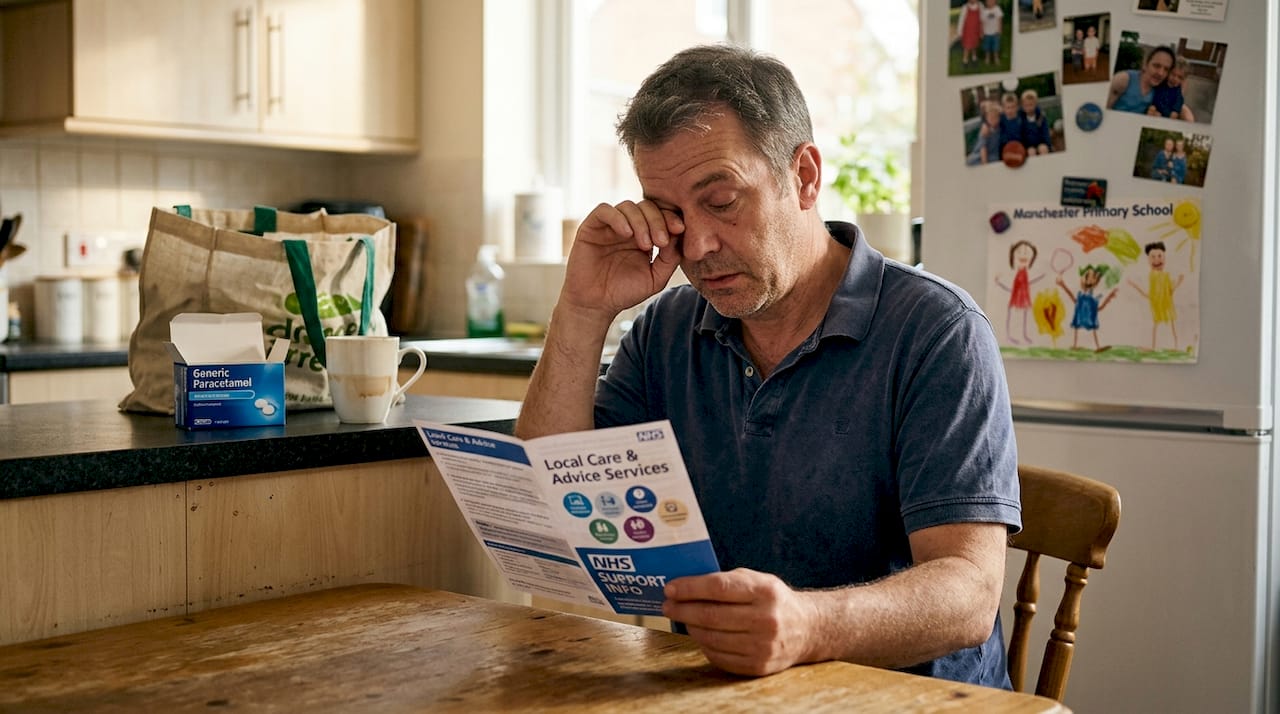 Caregiver reading support leaflet in kitchen