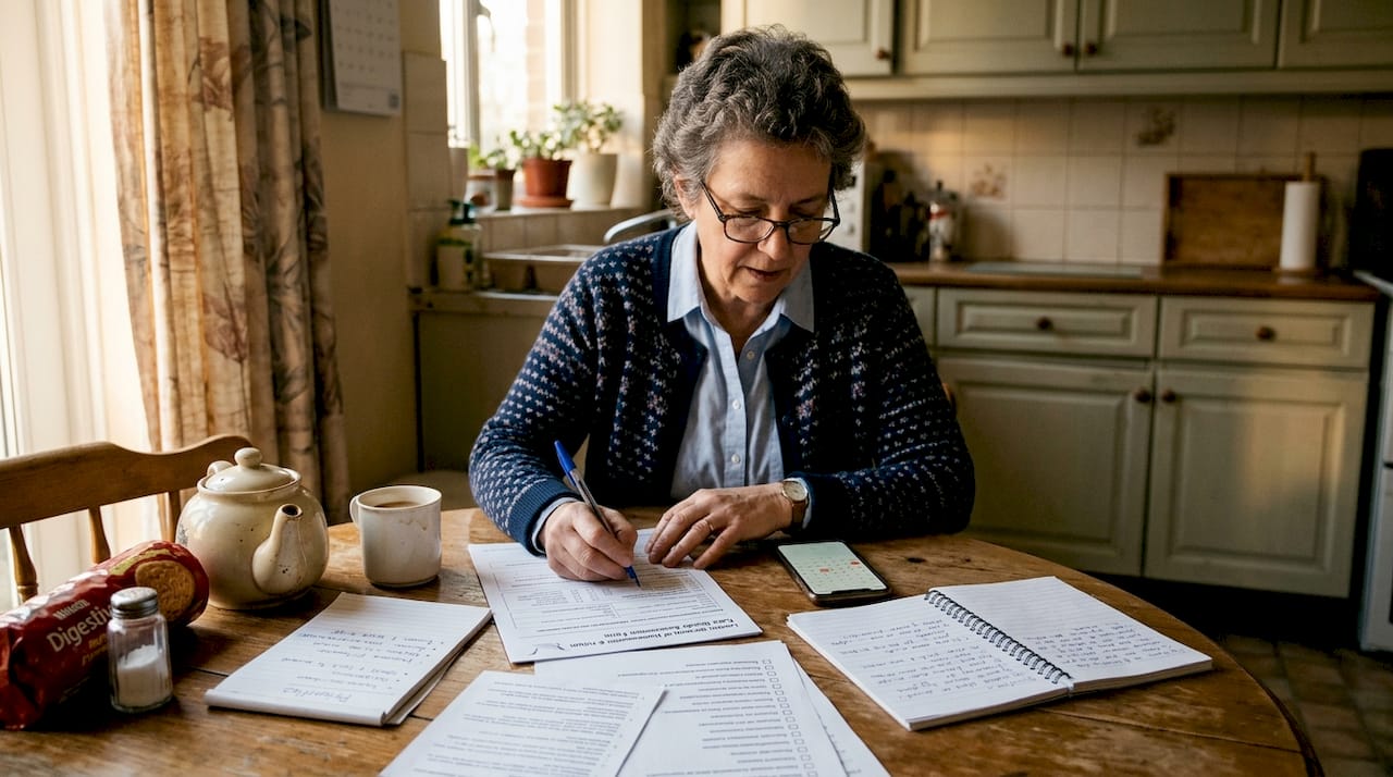 Social worker completing needs assessment paperwork