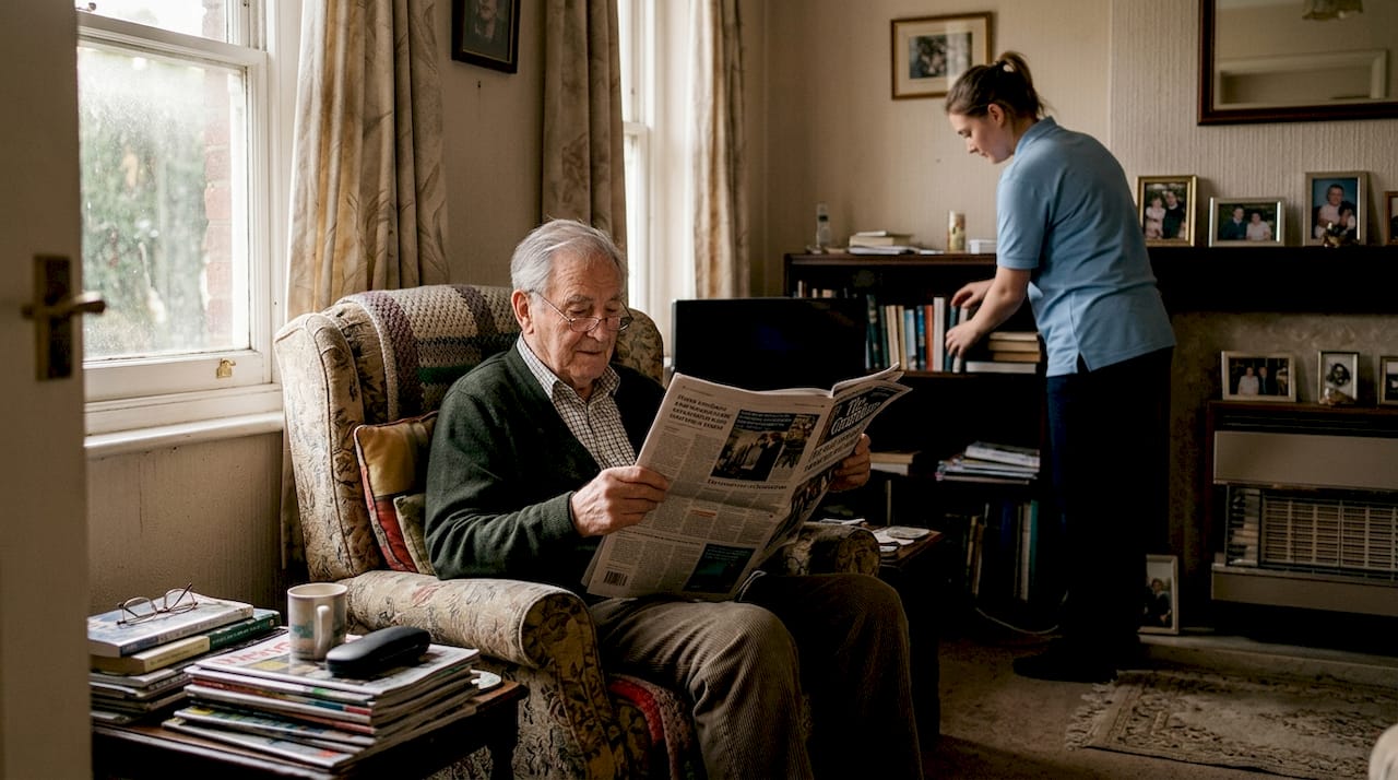 Elderly man and carer in quiet living room