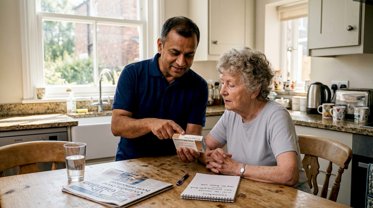 Carer guiding elderly woman through medication