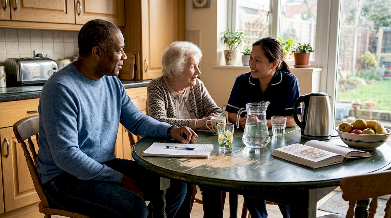 Family meeting with home carer in kitchen