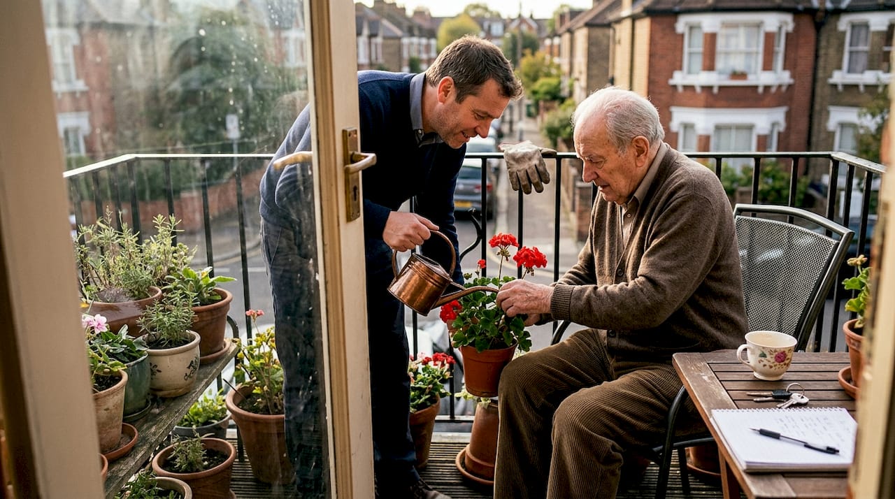 Carer helps elderly man water balcony plants