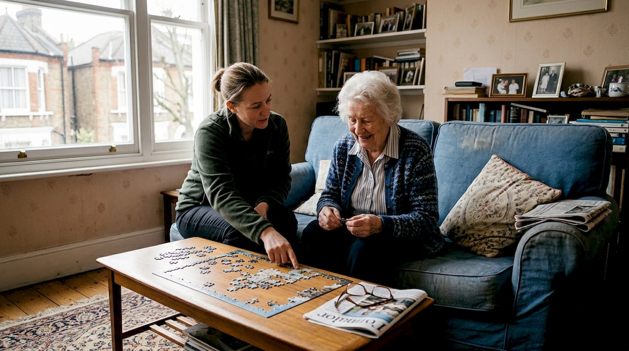 Carer and elderly woman doing jigsaw at home