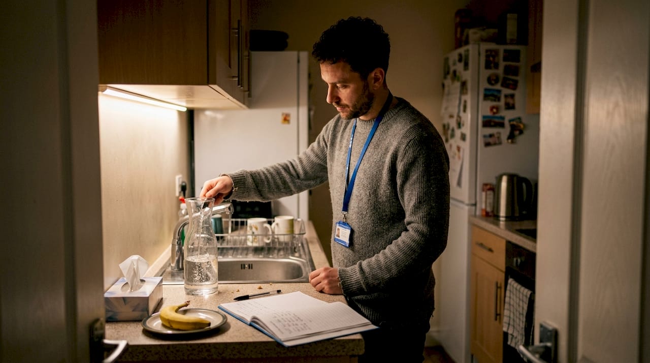 Night carer prepares water in London kitchen