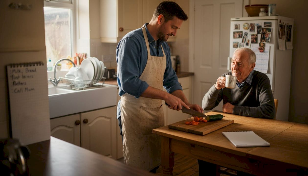 Carer preparing meal in client kitchen