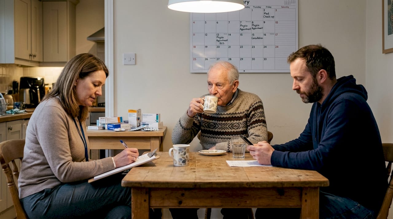 Family and care worker discuss home care plan