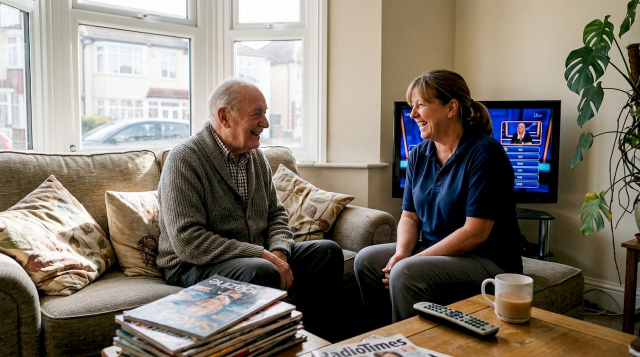 Carer sharing conversation in living room