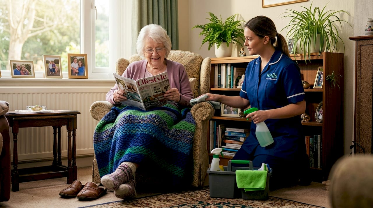 Care worker assisting elderly woman at home