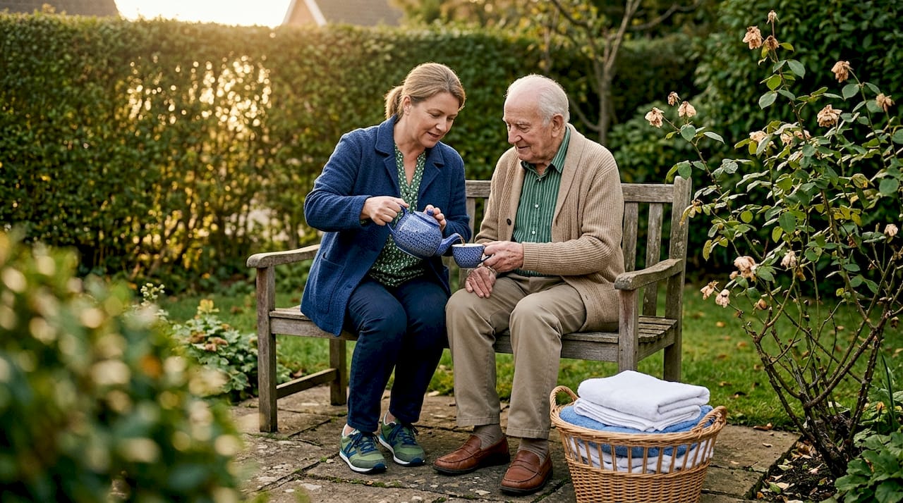 Carer and elderly man sharing tea outside