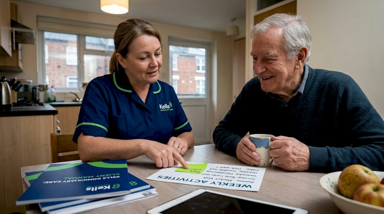 Carer and elderly man plan activities at kitchen table
