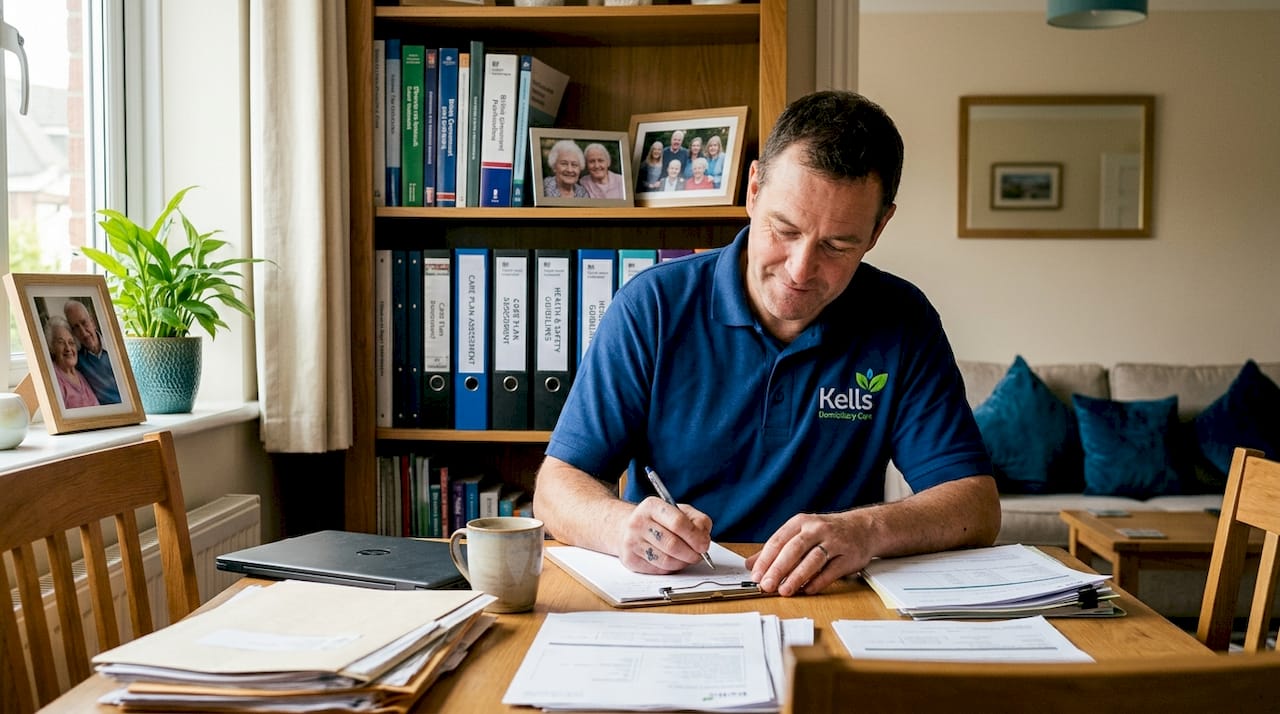 Home care worker filling out care paperwork