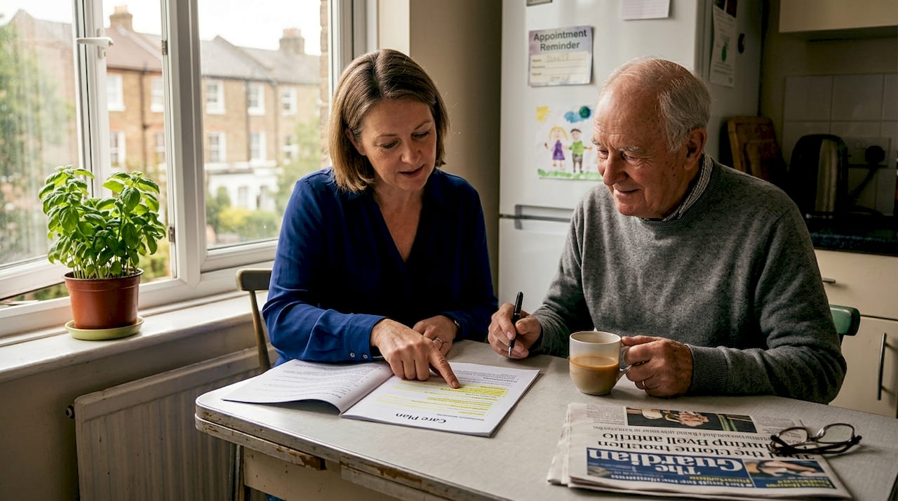 Family reviewing elderly care plan together