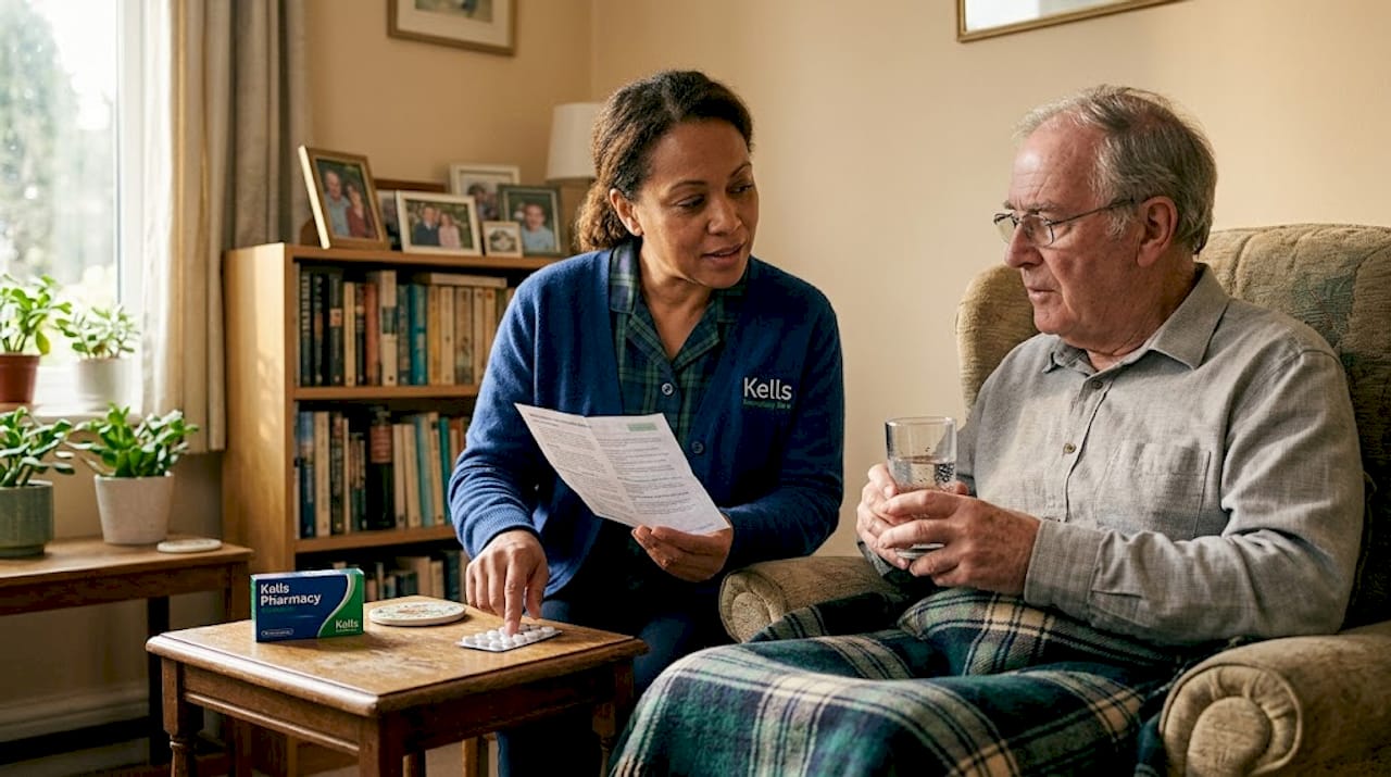 Caregiver helps elderly man with medicine