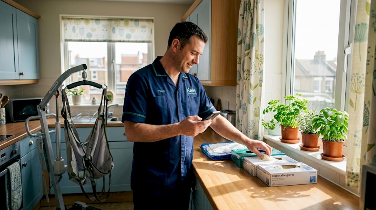 Carer preparing home care equipment and PPE