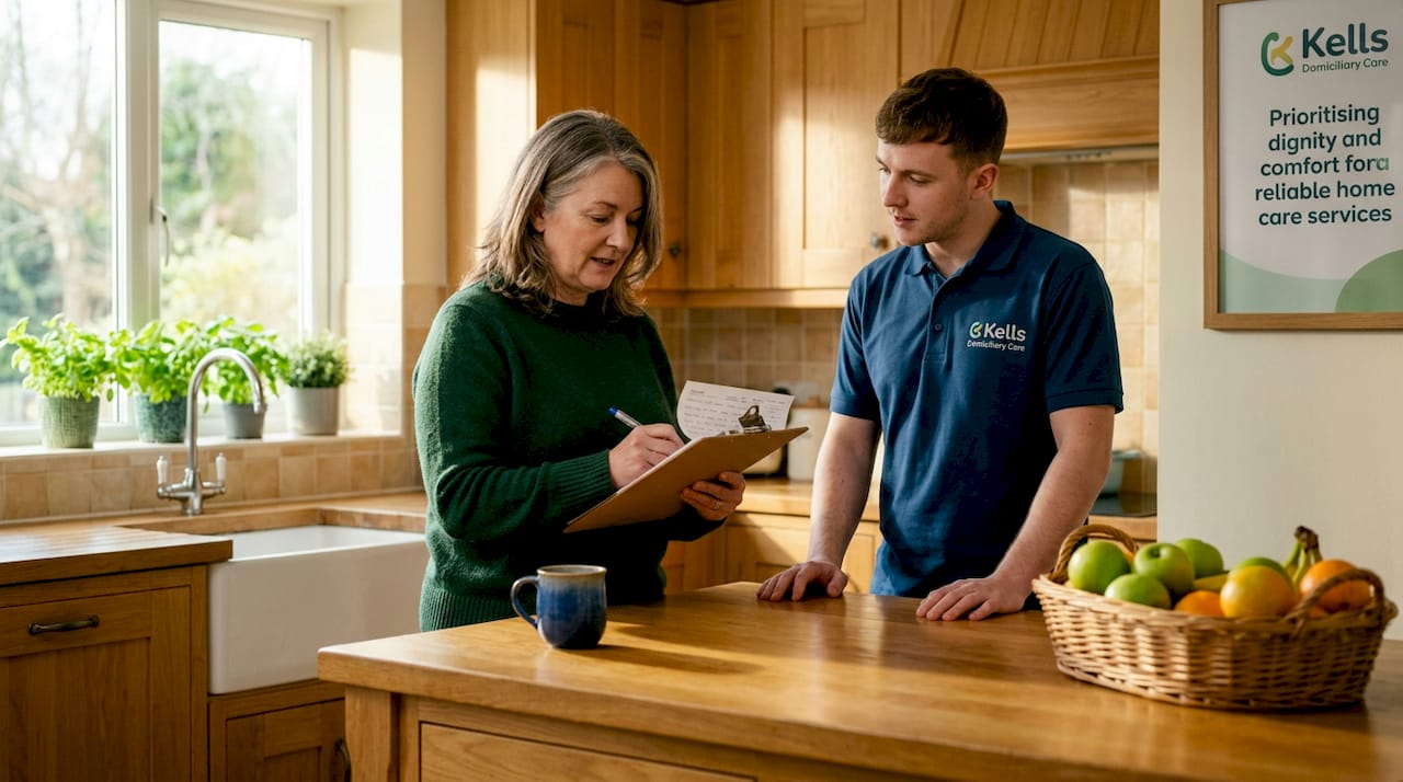 Care manager giving supervision in kitchen