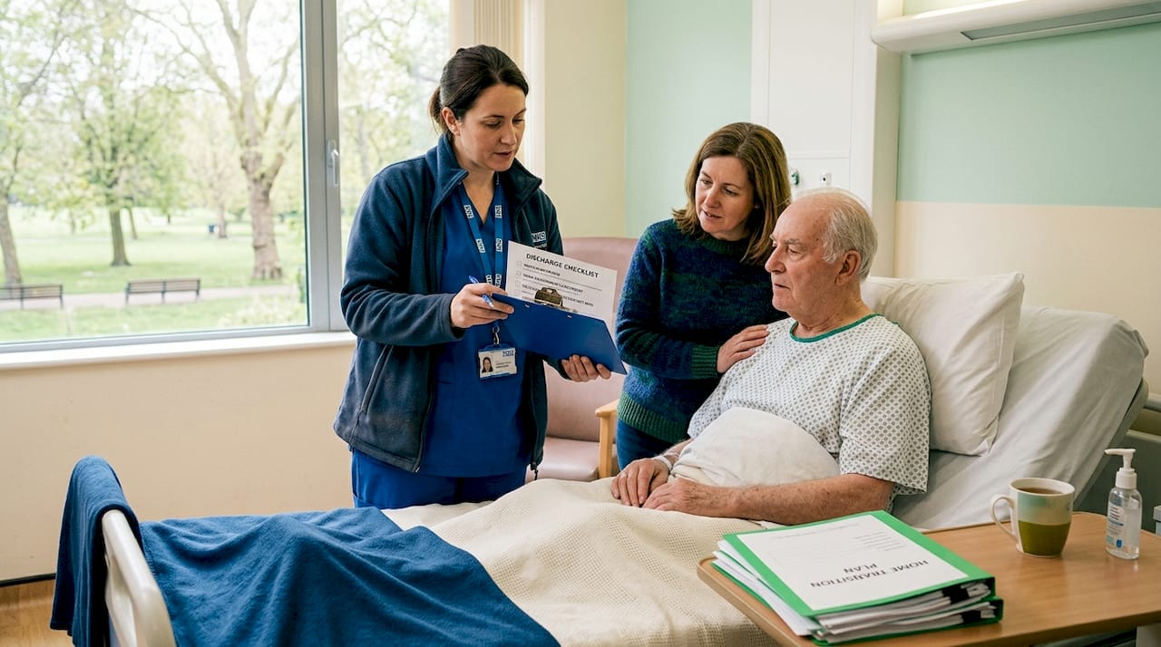 Social worker discussing discharge in hospital