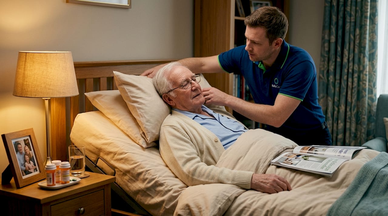 Caregiver adjusts pillow for bedbound elderly man