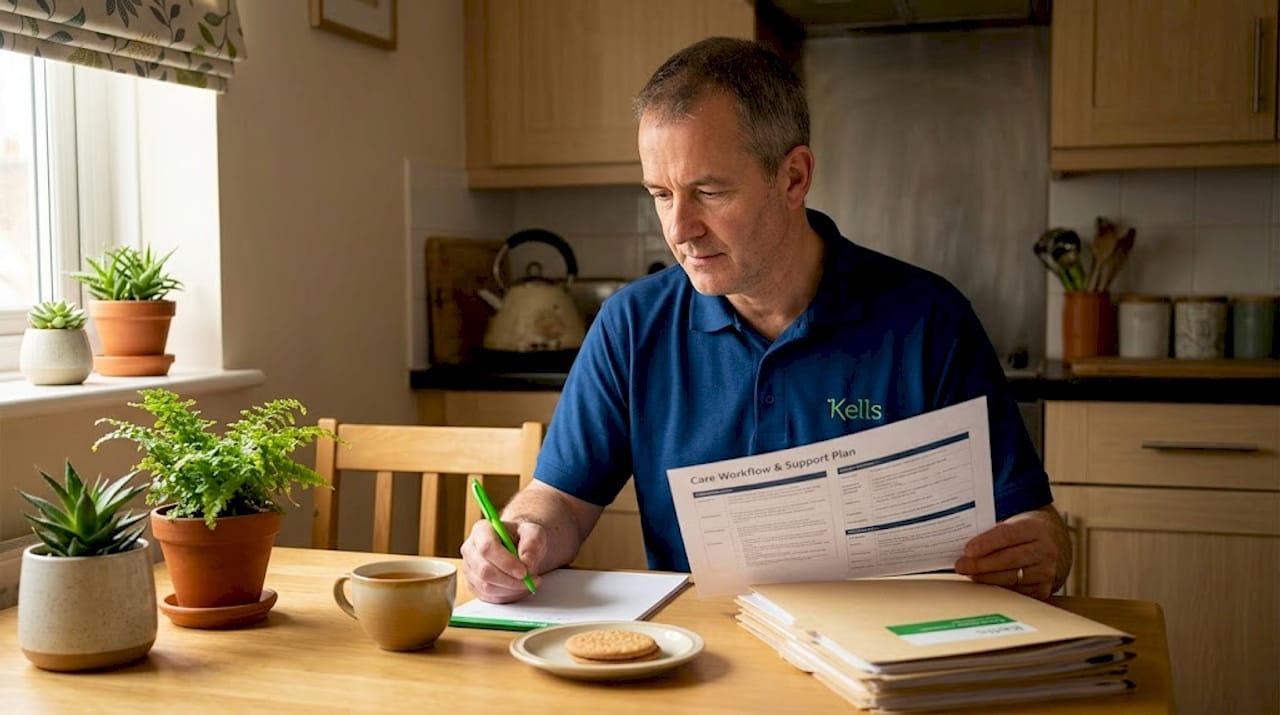 Carer reading home dementia workflow document