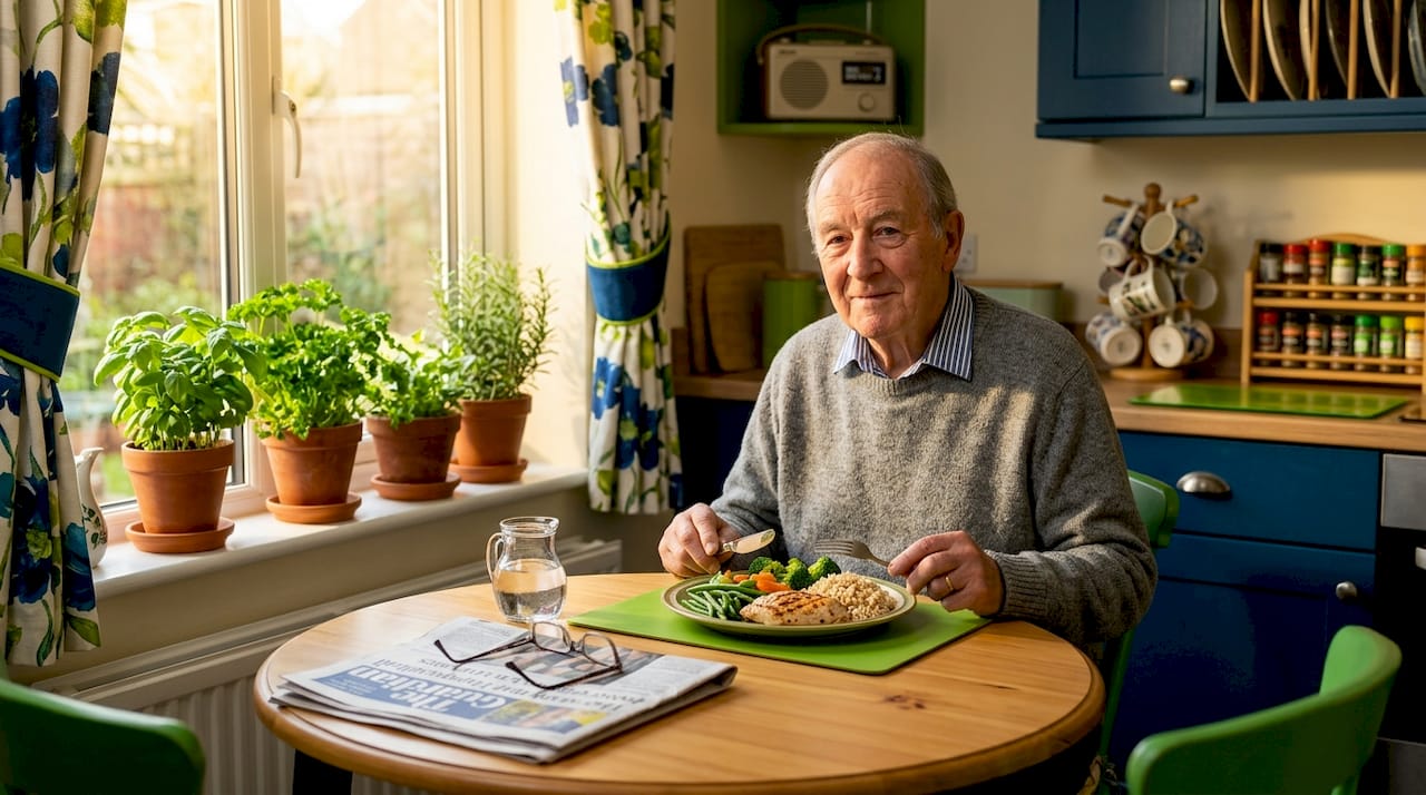 Elderly man enjoying healthy home-cooked meal