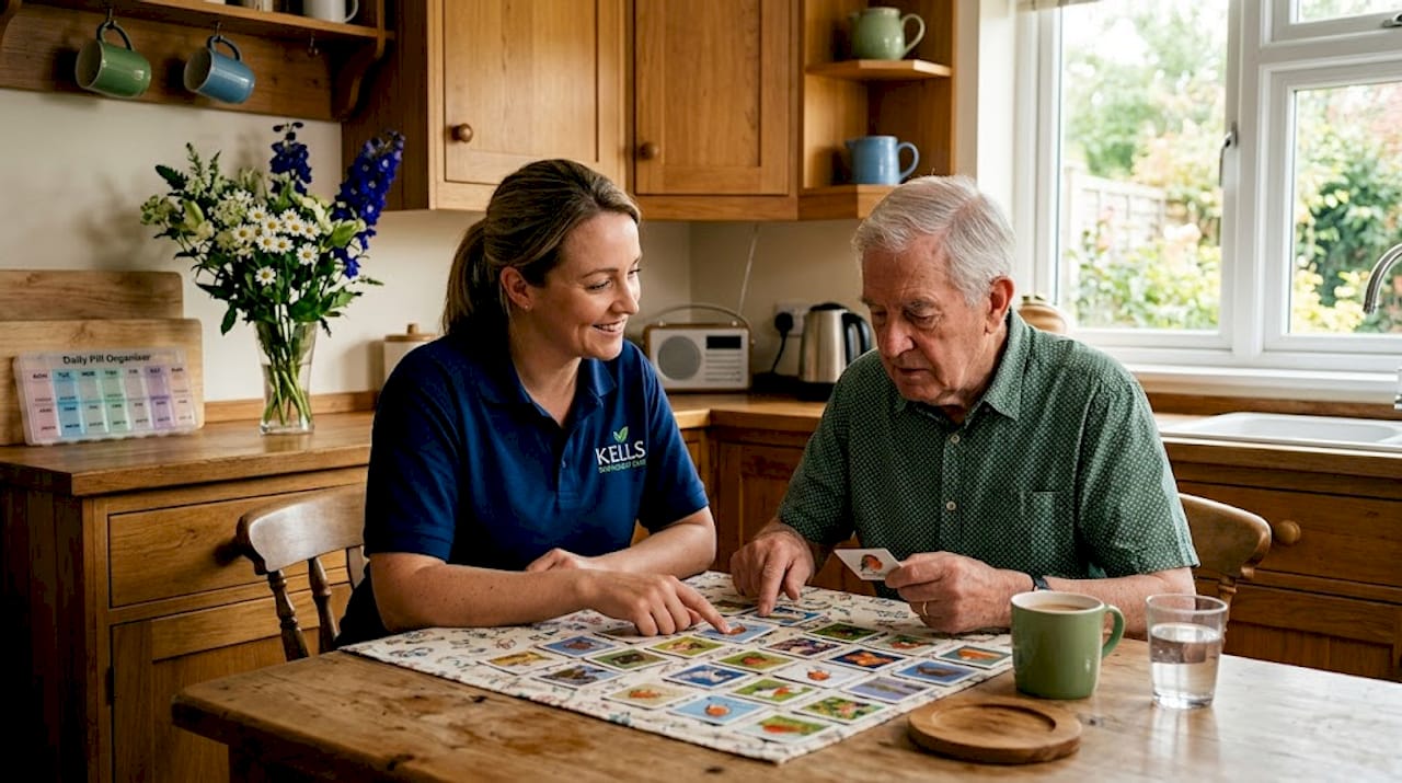 Caregiver supports elderly man with dementia