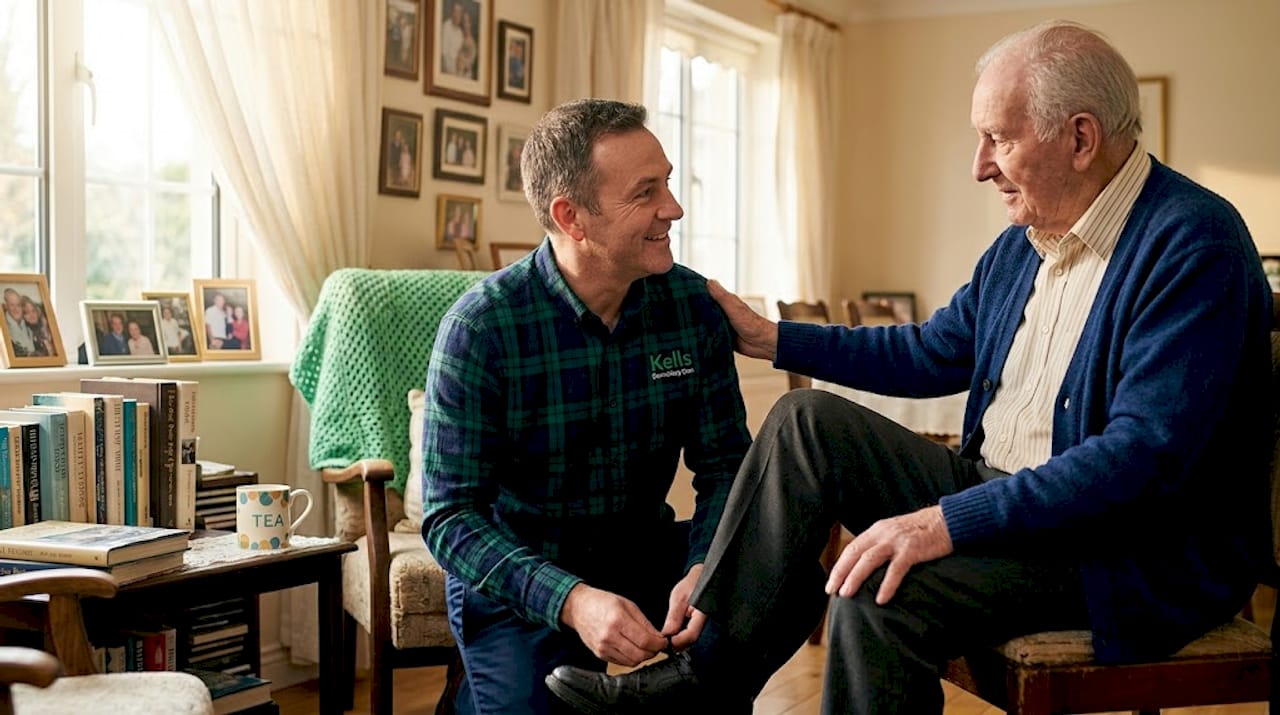 Caregiver assisting with elderly man’s shoes