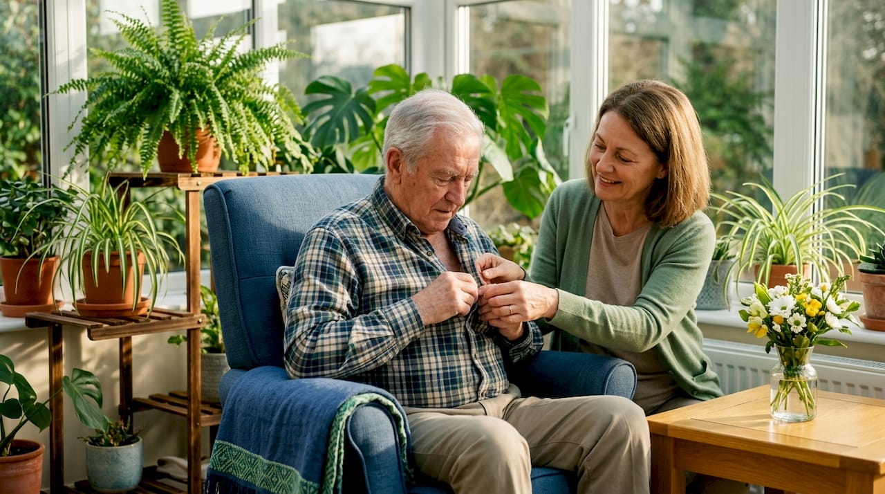 Caregiver coaching elderly man button shirt at home
