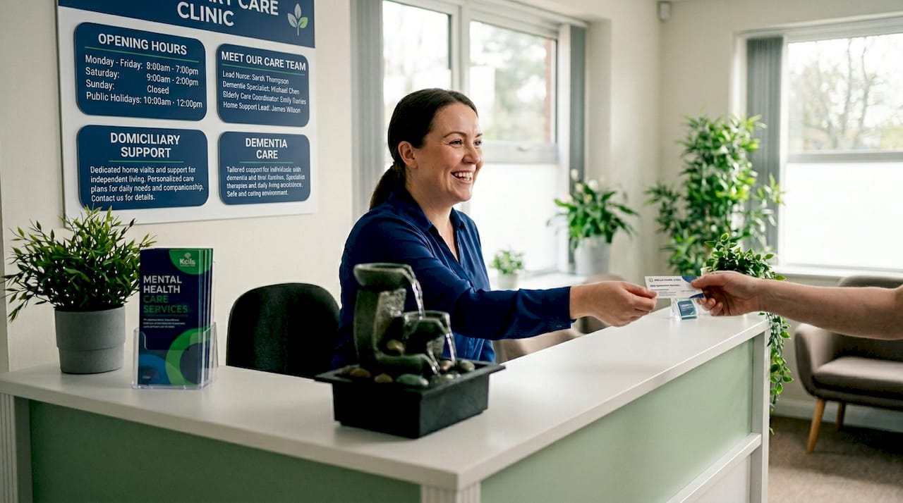 Reception desk with mental health care pamphlets and appointment card