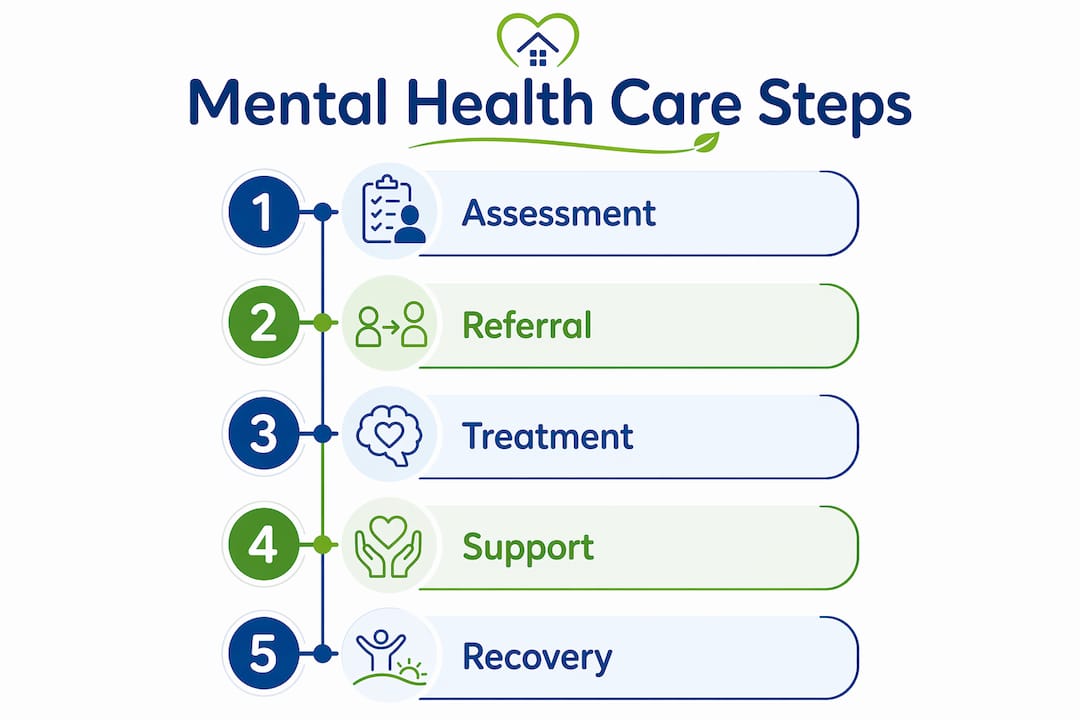 Infographic illustrating five key steps of mental health care