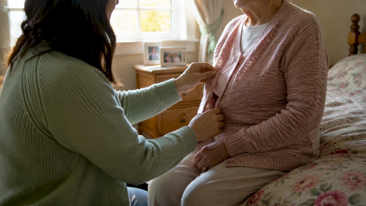 Caregiver helping elderly woman dress indoors