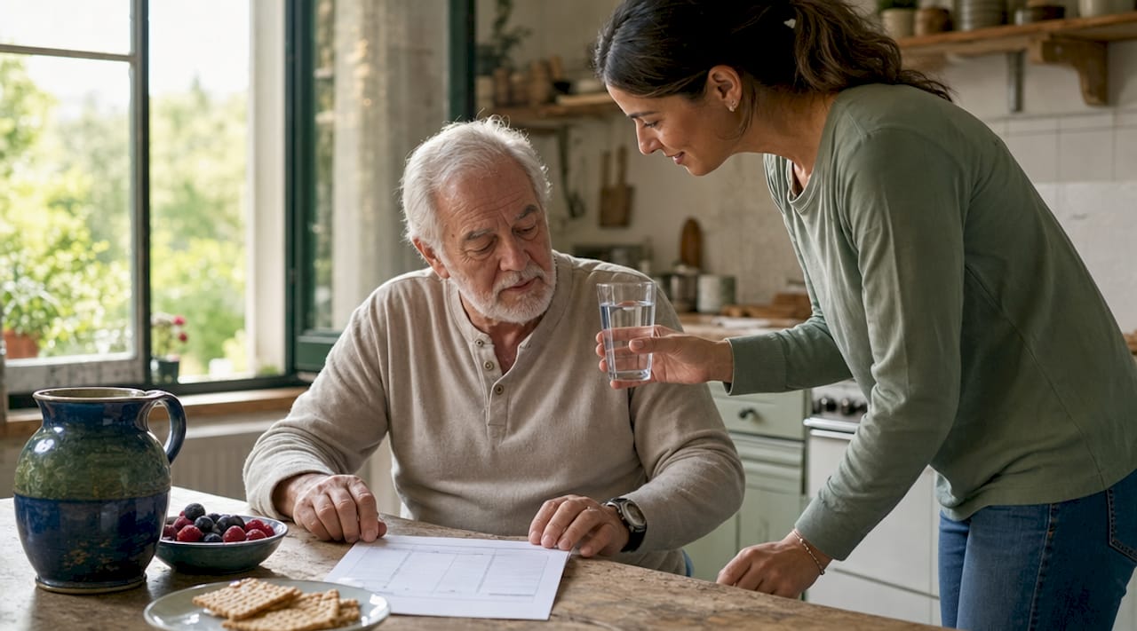 Elderly man and caregiver at hydration schedule