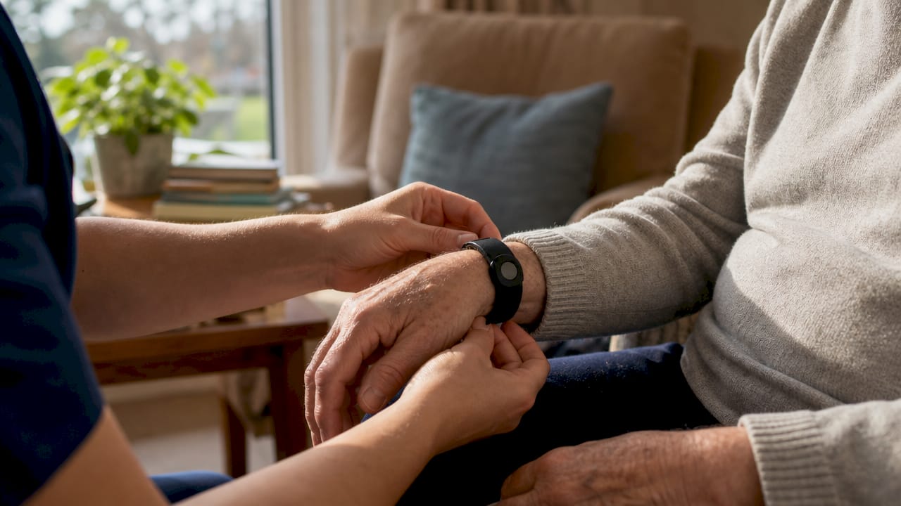 Hands fitting fall detector on elderly wrist