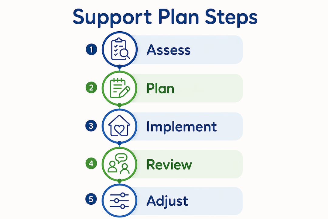 Infographic outlining five key steps for support plan creation