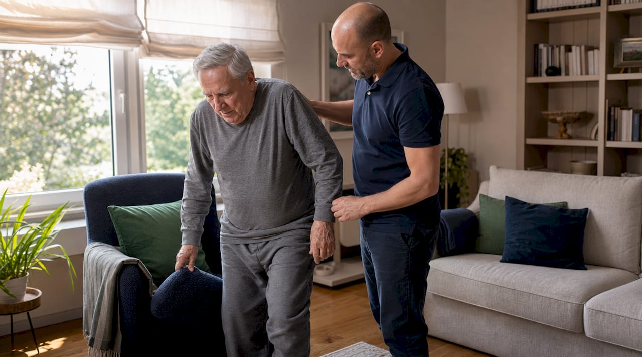 Caregiver assisting elderly man with mobility exercises