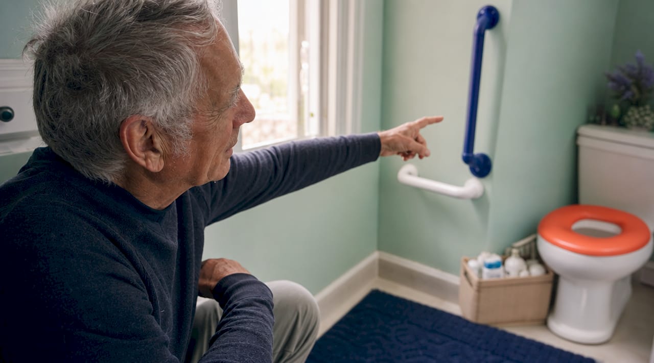 Elderly man observing dementia friendly bathroom