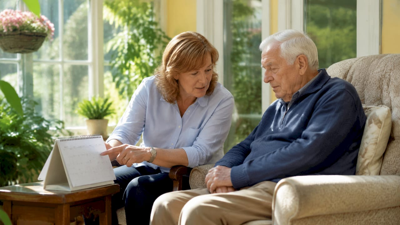 Caregiver assisting senior with calendar