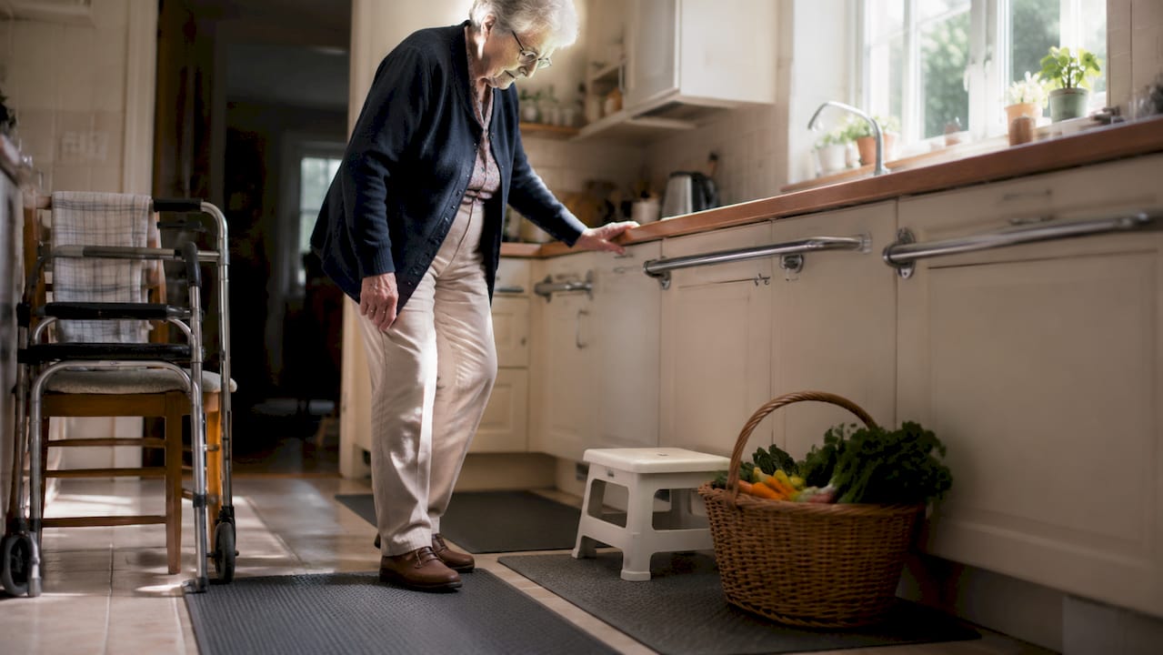 Elderly woman navigating adapted living room