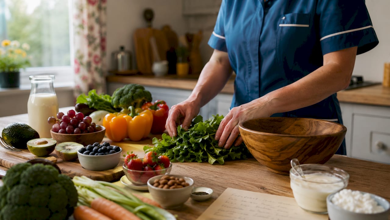 Hands arranging nutrient-rich foods for elderly diet