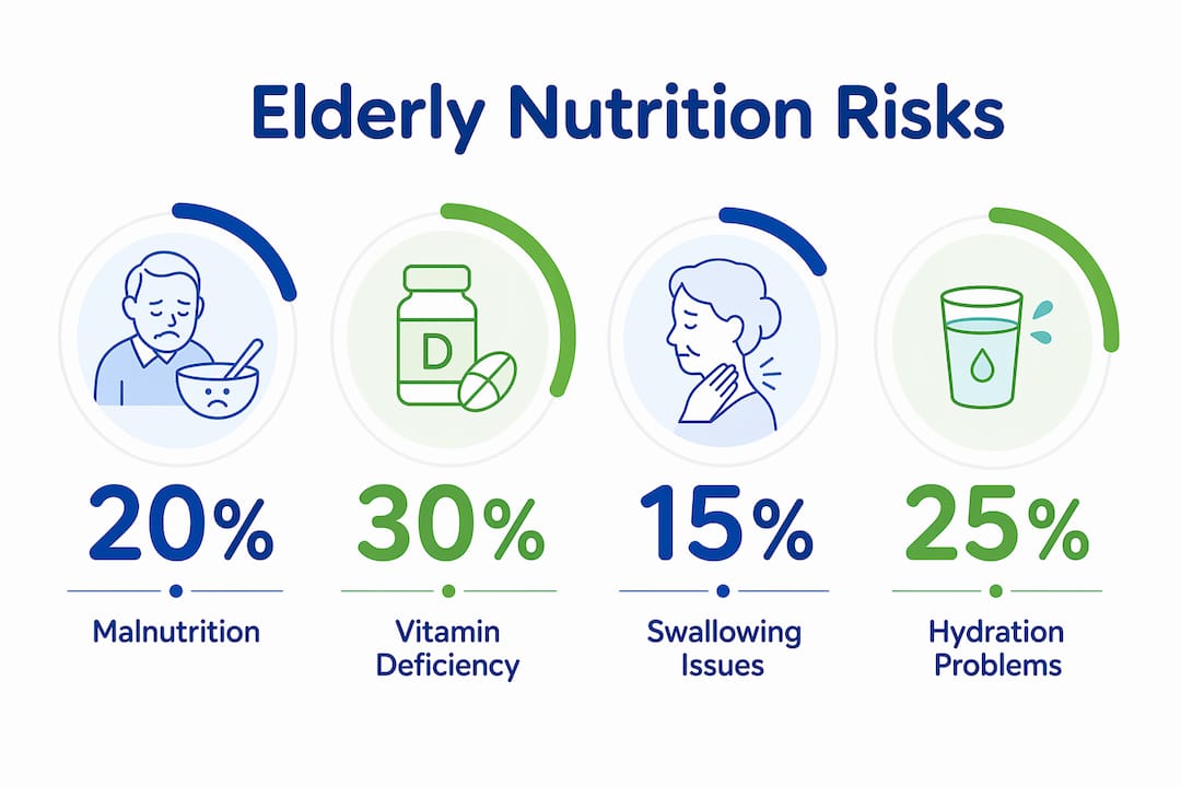 Infographic illustrating major nutrition risks in elderly care