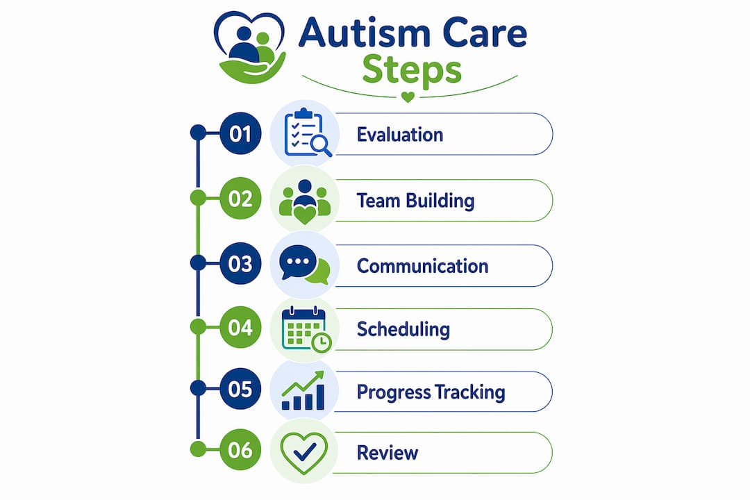 Infographic depicting key steps in autism care workflow