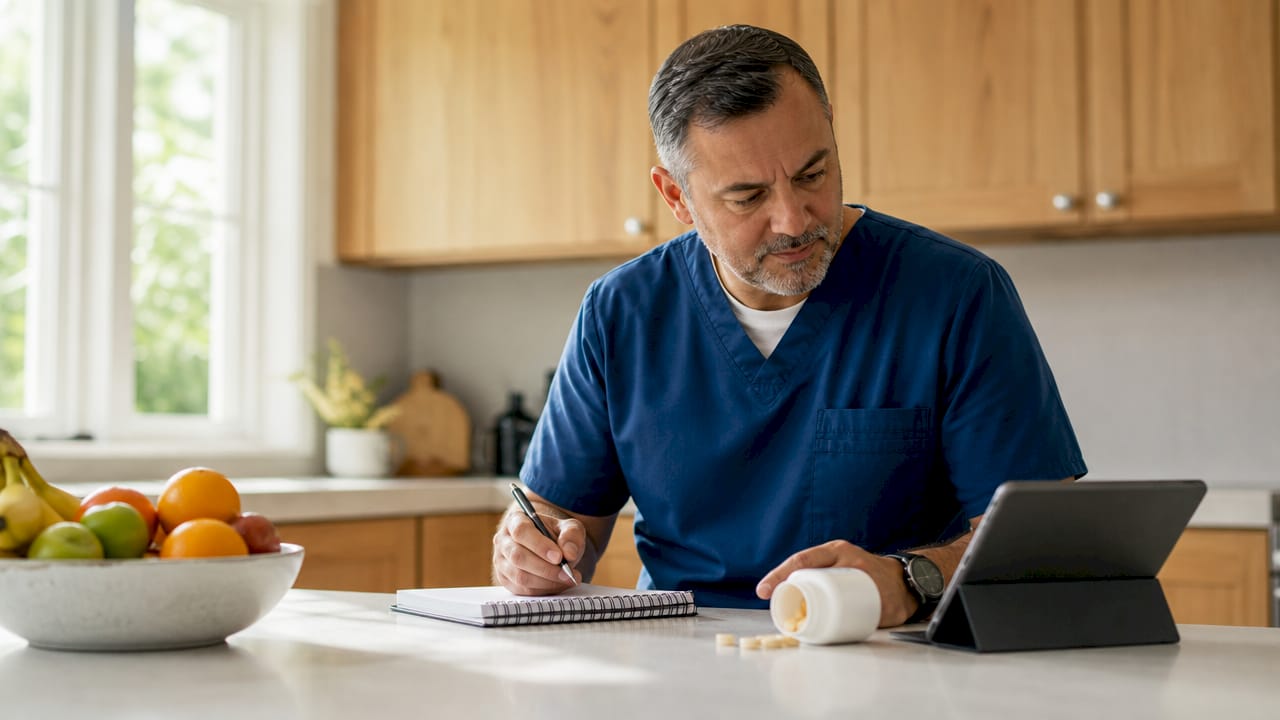 Caregiver taking notes while monitoring senior health remotely