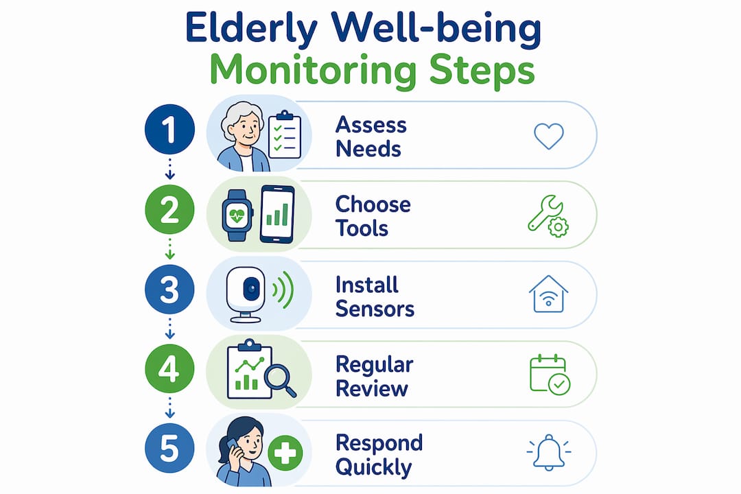 Infographic showing steps to monitor elderly well-being