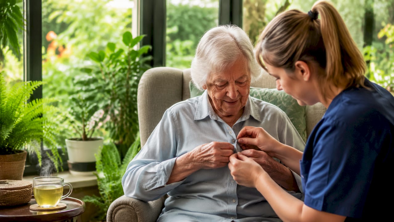 Hands practicing dressing skills with caregiver