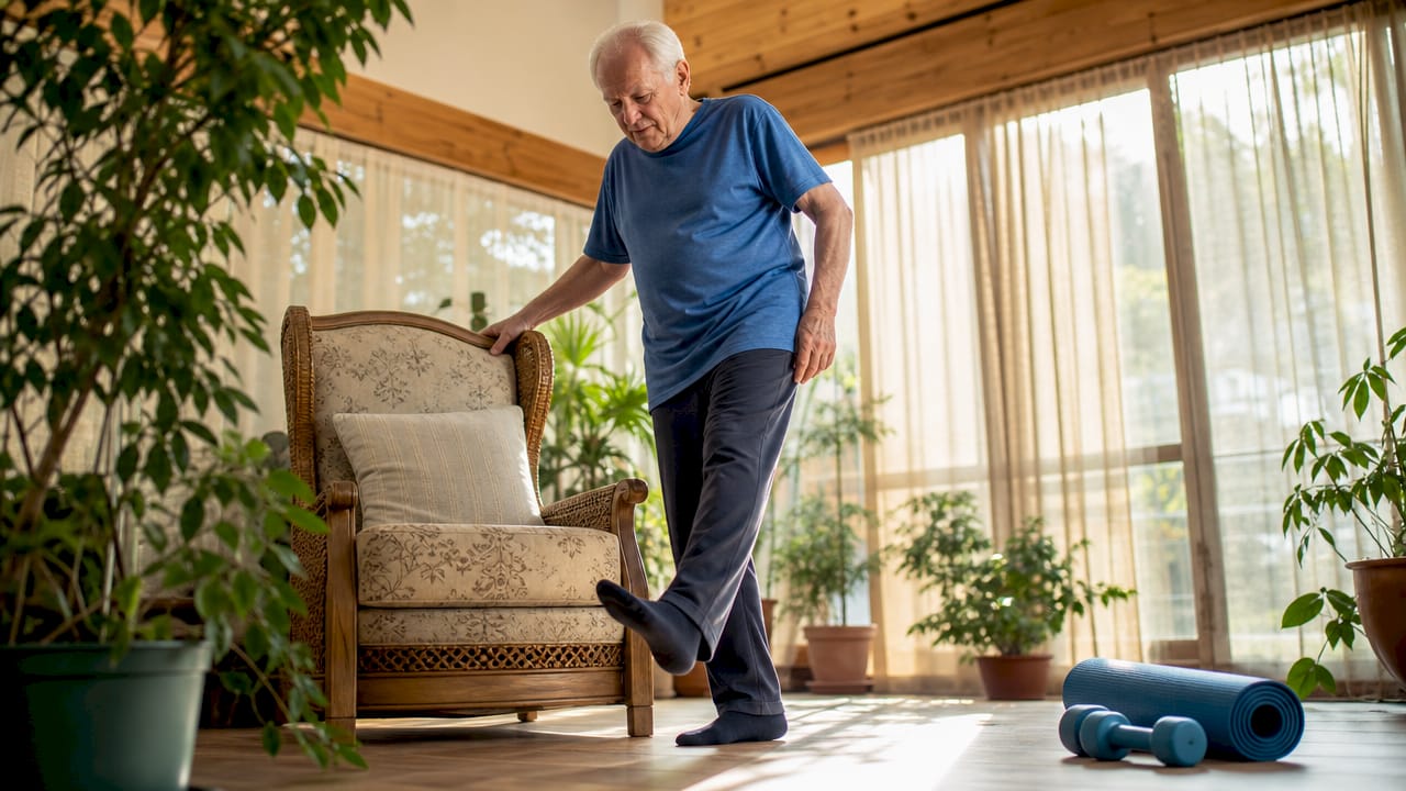 Senior man doing balance exercise at home